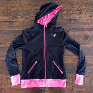 Justice girls, size 14, hooded black and bright pink zippered jacket. GUC.